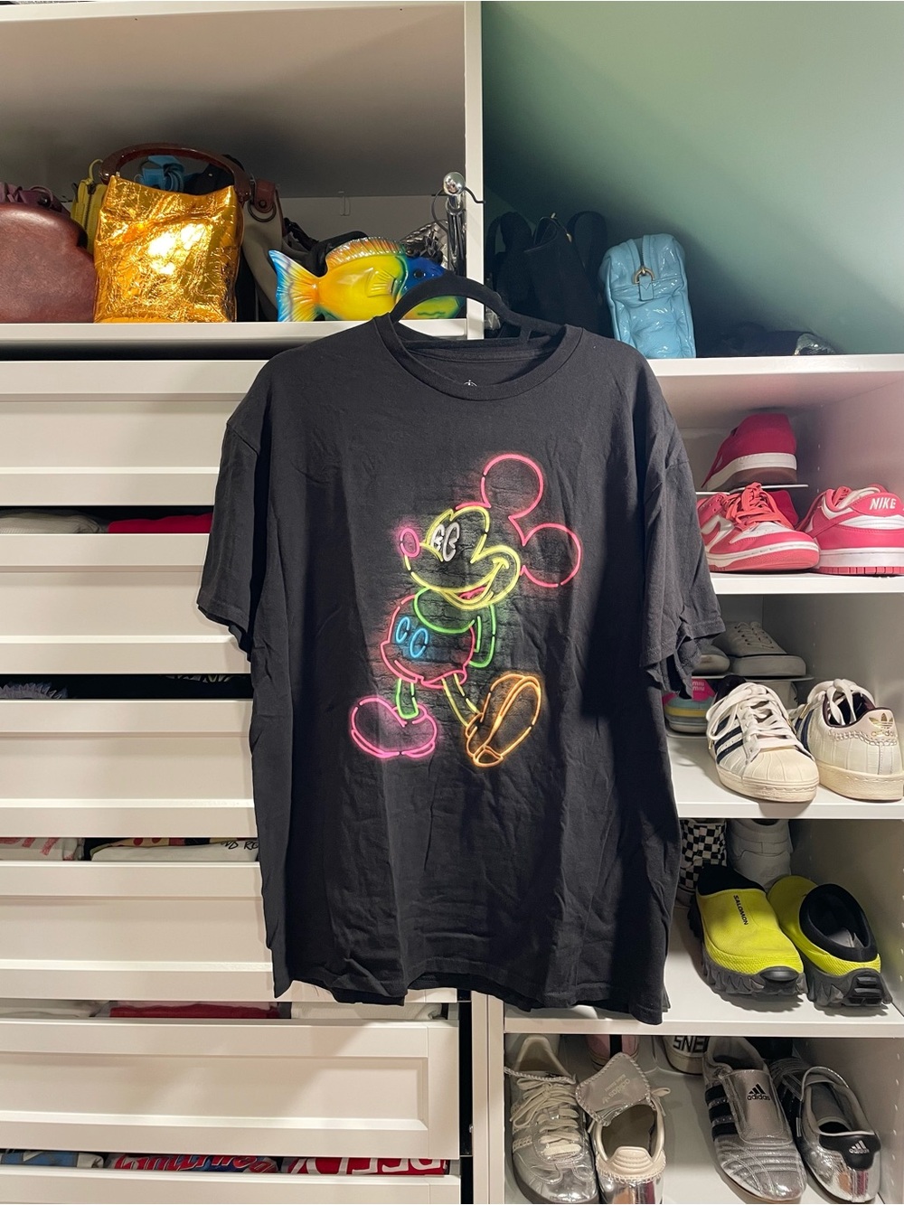Disney Black Short Sleeve Tee with Neon Mickey Graphic